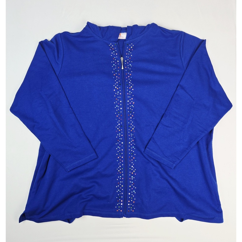 Womens Quacker Factory shirt sz 3X blue zip up fleece rhinestone hoodie